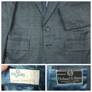 Tom James Holland Sherry Sport Coat Mens 38S Vtg Wool Herringbone Overcheck Blue